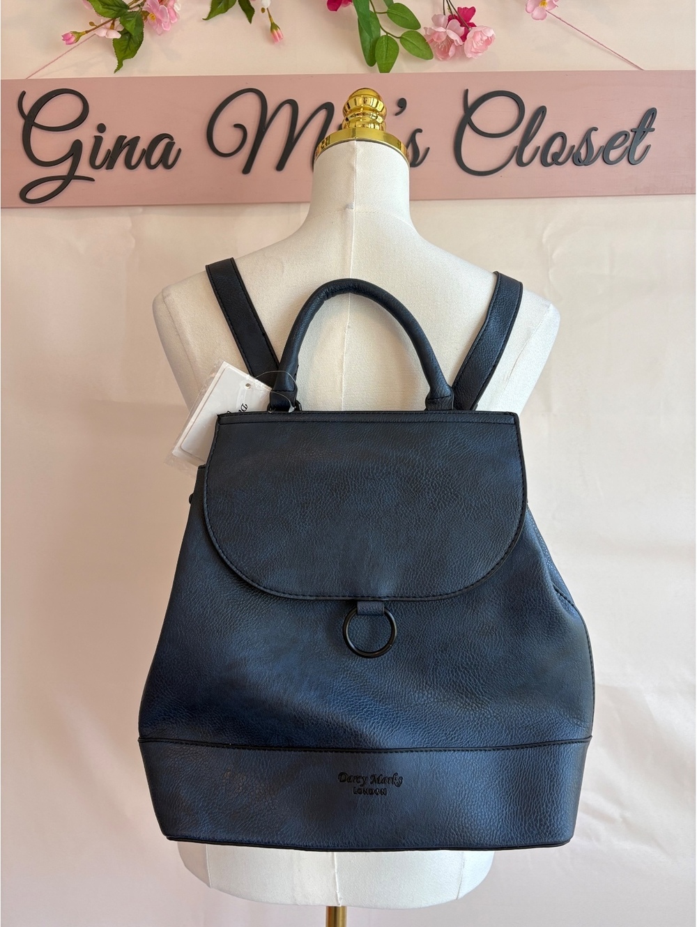 Darcy Marks London Blue Faux Leather Backpack Purse with Top Handle and Flap